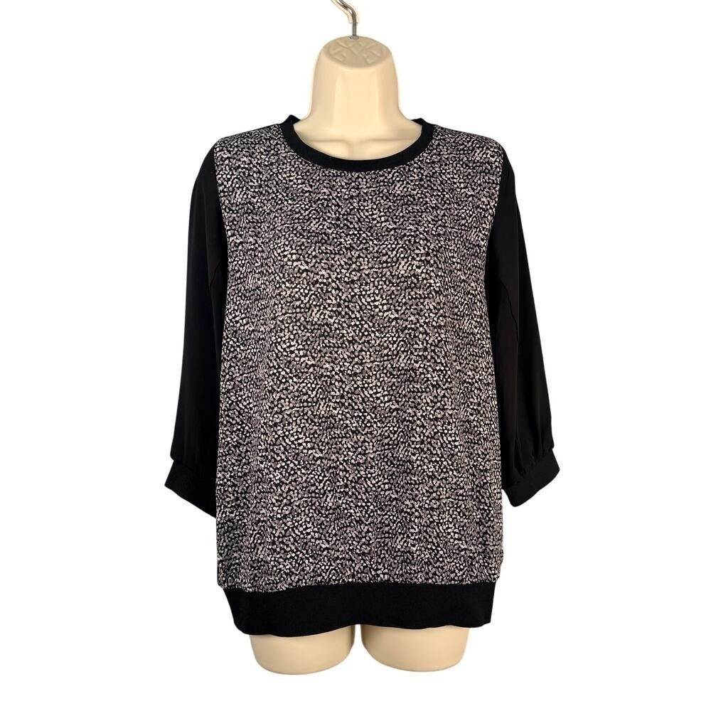 Express Top Womens Small Black Animal‎ Print Sheer Chiffon Back 3/4 Sleeve